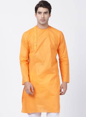 Orange Plain Cotton Men Kurtas 1