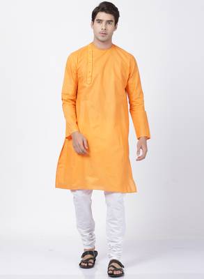 Orange Plain Cotton Men Kurtas 5