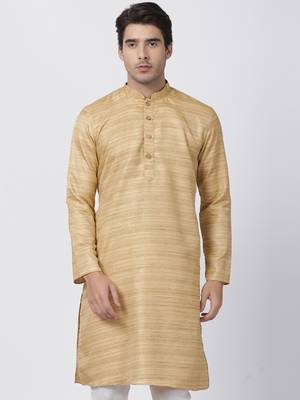Beige Plain Cotton Silk Men Kurtas 1