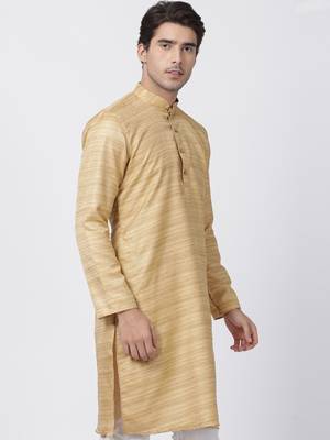 Beige Plain Cotton Silk Men Kurtas 2