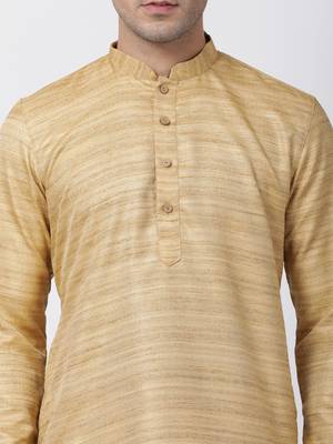 Beige Plain Cotton Silk Men Kurtas 3