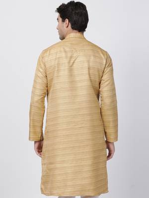 Beige Plain Cotton Silk Men Kurtas 4
