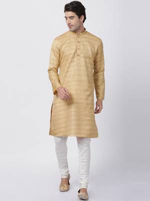 Beige Plain Cotton Silk Men Kurtas 5