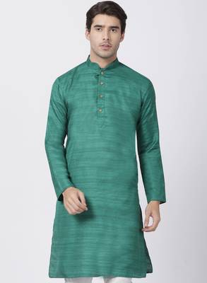 Green Plain Cotton Silk Men Kurtas 1
