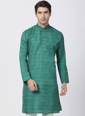 Green Plain Cotton Silk Men Kurtas 2