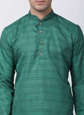 Green Plain Cotton Silk Men Kurtas 3