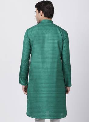 Green Plain Cotton Silk Men Kurtas 4