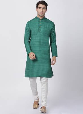 Green Plain Cotton Silk Men Kurtas 5