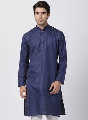 Blue Plain Cotton Silk Men Kurtas 1