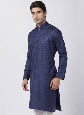 Blue Plain Cotton Silk Men Kurtas 2