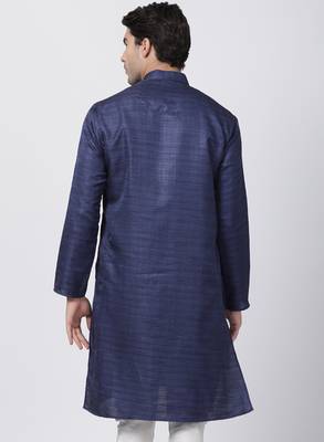 Blue Plain Cotton Silk Men Kurtas 4