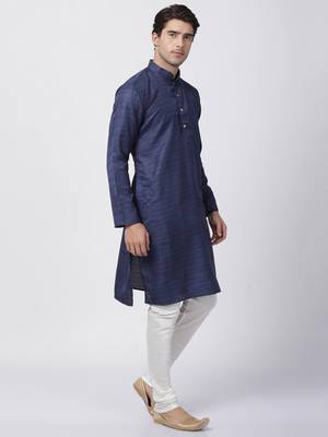 Blue Plain Cotton Silk Men Kurtas 5