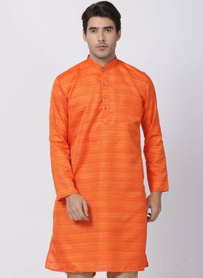 Orange Plain Cotton Silk Men Kurtas 1