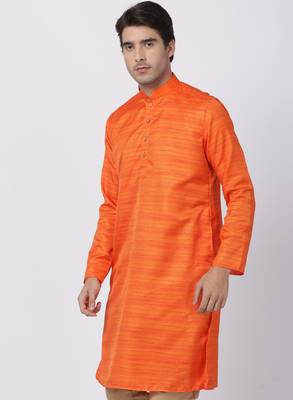 Orange Plain Cotton Silk Men Kurtas 2