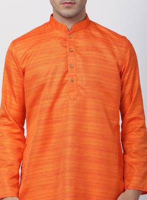 Orange Plain Cotton Silk Men Kurtas 3