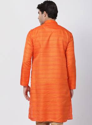 Orange Plain Cotton Silk Men Kurtas 4