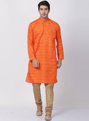 Orange Plain Cotton Silk Men Kurtas 5