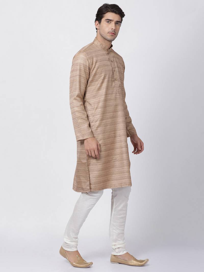 Gold Plain Cotton Silk Men Kurtas VASTRAMAY 3025831