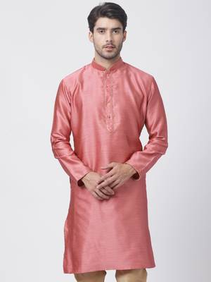 Pink Plain Cotton Silk Men-Kurtas 1
