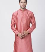 Pink Plain Cotton Silk Men-Kurtas