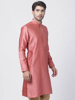 Pink Plain Cotton Silk Men-Kurtas 2