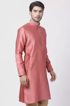 Pink Plain Cotton Silk Men-Kurtas