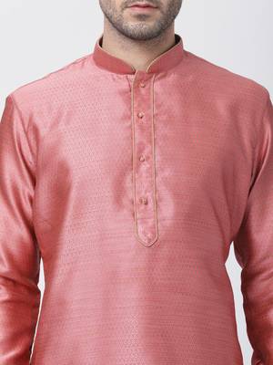 Pink Plain Cotton Silk Men-Kurtas 3
