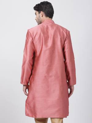 Pink Plain Cotton Silk Men-Kurtas 4