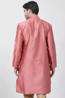 Pink Plain Cotton Silk Men-Kurtas