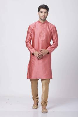 Pink Plain Cotton Silk Men-Kurtas 5