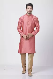 Pink Plain Cotton Silk Men-Kurtas