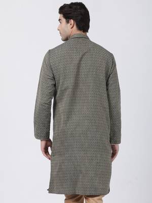 Black Plain Cotton Silk Men Kurtas 4