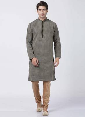 Black Plain Cotton Silk Men Kurtas 5