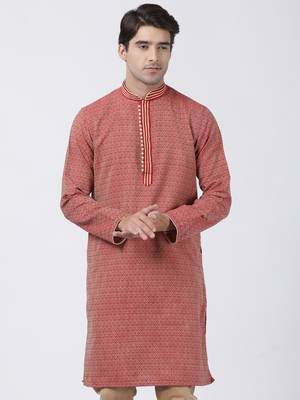 Red Plain Cotton Silk Men Kurtas 1