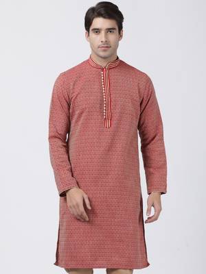 Red Plain Cotton Silk Men Kurtas 2