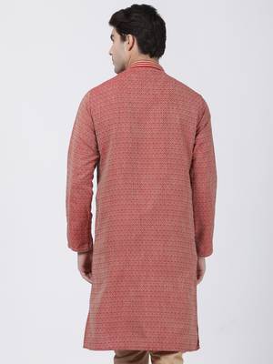 Red Plain Cotton Silk Men Kurtas 4