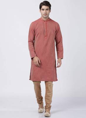 Red Plain Cotton Silk Men Kurtas 5