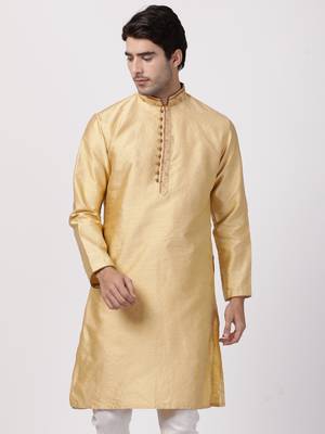 Beige Plain Cotton Silk Men Kurtas 1