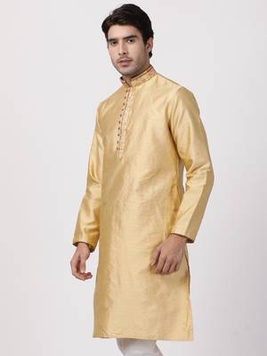 Beige Plain Cotton Silk Men Kurtas 2