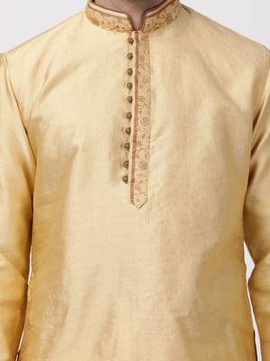 Beige Plain Cotton Silk Men Kurtas 3