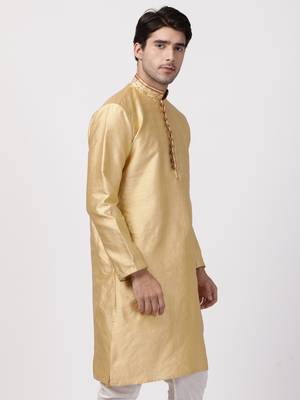 Beige Plain Cotton Silk Men Kurtas 4