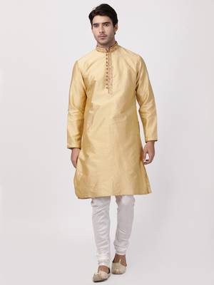 Beige Plain Cotton Silk Men Kurtas 5