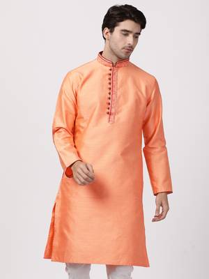 Orange Plain Cotton Silk Men Kurtas 1
