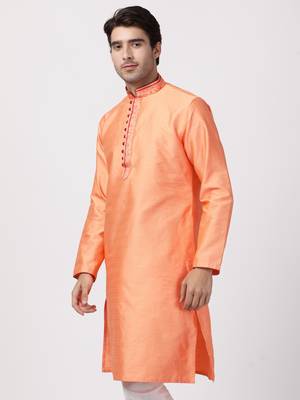 Orange Plain Cotton Silk Men Kurtas 2