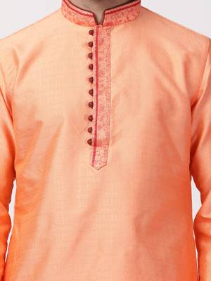Orange Plain Cotton Silk Men Kurtas 3