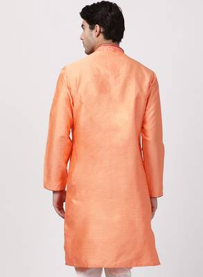 Orange Plain Cotton Silk Men Kurtas 4