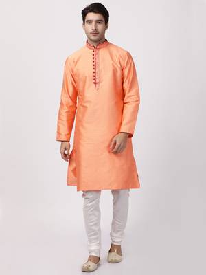 Orange Plain Cotton Silk Men Kurtas 5