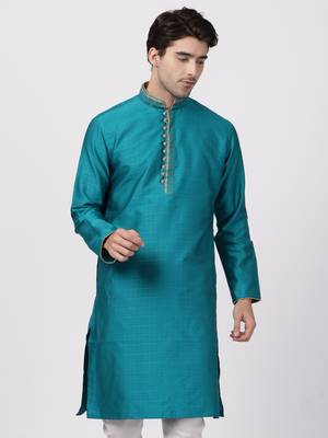 Green Plain Cotton Silk Men-Kurtas 1