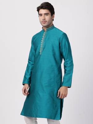 Green Plain Cotton Silk Men-Kurtas 2