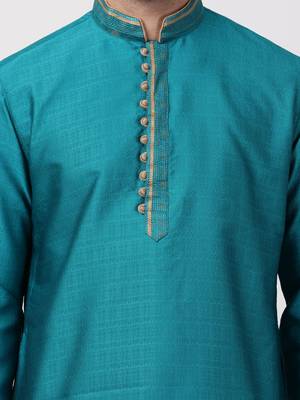 Green Plain Cotton Silk Men-Kurtas 3